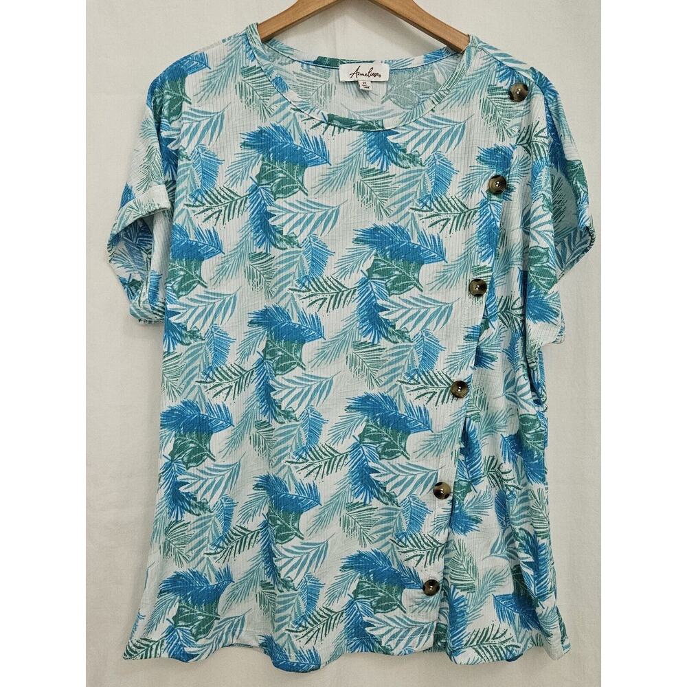 Anneliese Tropical Short Sleeve Top Womens Size 2X Button Accents Blue Green